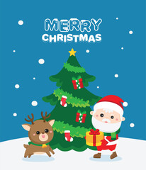 Merry Christmas and Happy New year greeting card with cute Santa Claus and reindeer stand front of gift boxes in sleigh ride on blue background.