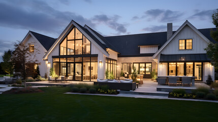 Beautiful modern farmhouse style luxury home exterior at twilight. generative ai. - obrazy, fototapety, plakaty