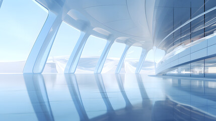 abstract futuristic glass architecture with empty concrete floor 3d render. generative ai.