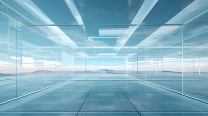 abstract futuristic glass architecture with empty concrete floor 3d render. generative ai.