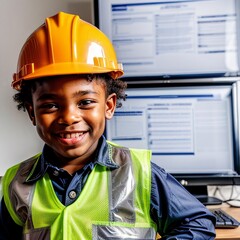Child construction worker POV video call on zoom on webcam teaching construction safety