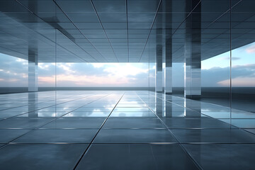 bstract futuristic glass architecture with empty concrete floor 3d rendering. generative ai.