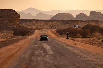 Tuinposter Hegra Vintage Land Rover Tour in Summer, AlUla, Saudi Arabia. © nakcrub