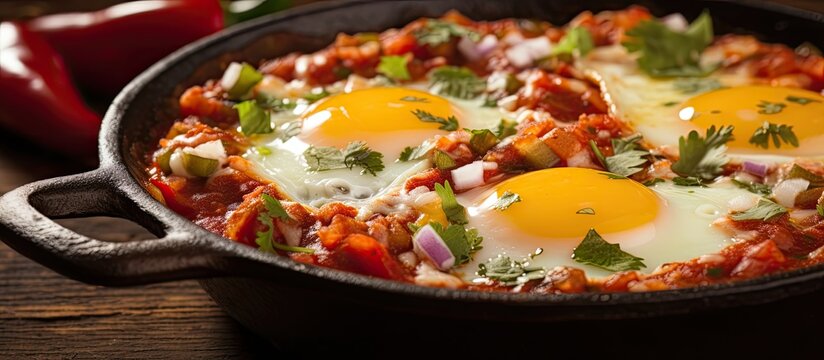 Close-up horizontal photo of huevos rancheros, a Mexican breakfast dish consisting of a fried egg and salsa in a pan.