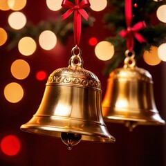 Golden christmas bell ornaments decorating Christmas Tree in traditional holiday celebration