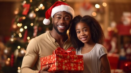 Fototapeta na wymiar Portrait of a happy African American family. Father holding Christmas gift box with adorable daughter looking at camera, celebrating New Year.