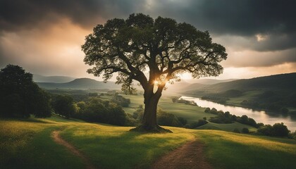 Obraz premium Warm and calming peaceful countryside view with an old oak tree nestled between hills and river, dark and cloudy sky