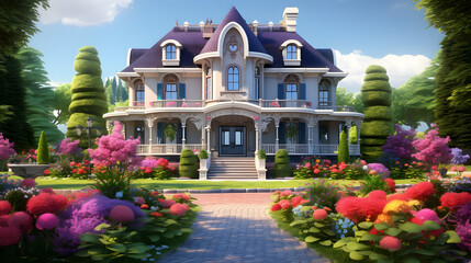 classic house with flower garden. generative ai. - obrazy, fototapety, plakaty