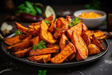 Delicious fried sweet potatoes in the air fryer, oven. Korean food. Sweet potato.