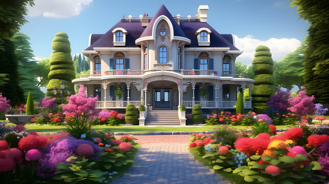 classic house with flower garden. generative ai.