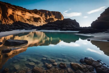 A tranquil tidal pool on the beach, reflecting the surrounding cliffs and sky, creating a natural mirror of serene beauty