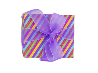 Shiny multicolored gift box with purple bow on isolated background. Christmas, New Year, birthday, international women's and mother's day, Valentine, holiday, sale