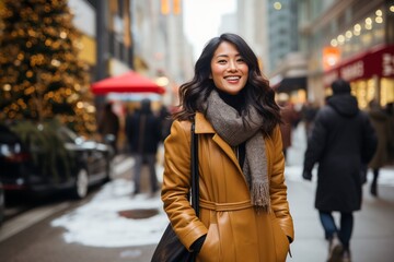 Obraz premium Asian young woman smiling walking in the city on Christmas, portrait of a cheerful Japanese or Korean girl shopping in wintertime for festive celebrations