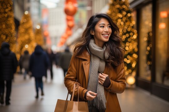 Asian young woman smiling walking with shopping bags in the city on Christmas, portrait of a cheerful Japanese or Korean girl shopping in wintertime for festive celebrations