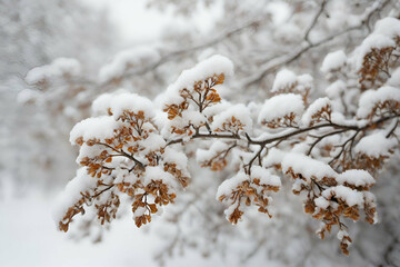 snow covered branches on snow background