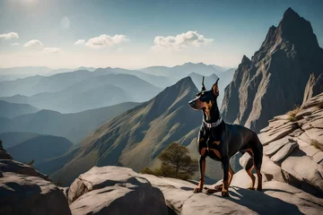 Muurstickers regal Doberman Pinscher on a mountain peak, surveying the world with a sense of majesty and determination © shafiq