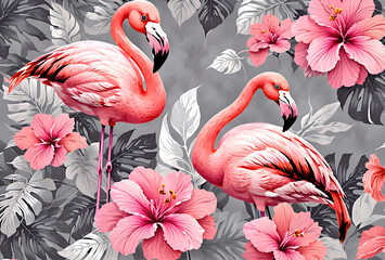 Tropical vintage pink flamingo, pink hibiscus, palm leaves floral seamless pattern grey, repeating patterns design, vector art