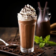 chocolate milkshake with whipped cream on a wooden table for a cafe or restaurant menu card, iced latte drink, or cold beverage Image