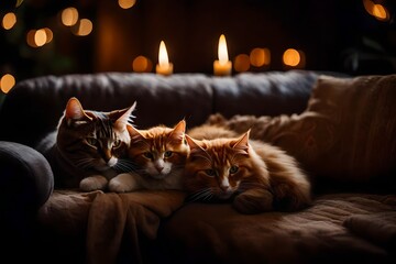 cat sleeping on the couch in the light of candles - Powered by Adobe