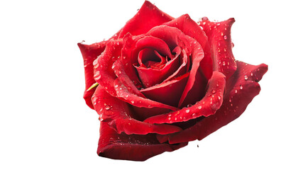 Red rose with water dew or drops in the petals closeup isolated on transparent background