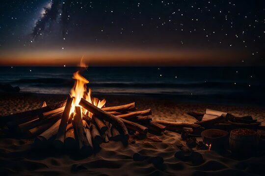 A picturesque beachside bonfire with crackling flames, surrounded by driftwood logs and a starry night sky overhead