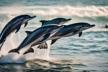 A playful group of dolphins leaping out of the water in perfect synchronization, creating a mesmerizing display near the beach