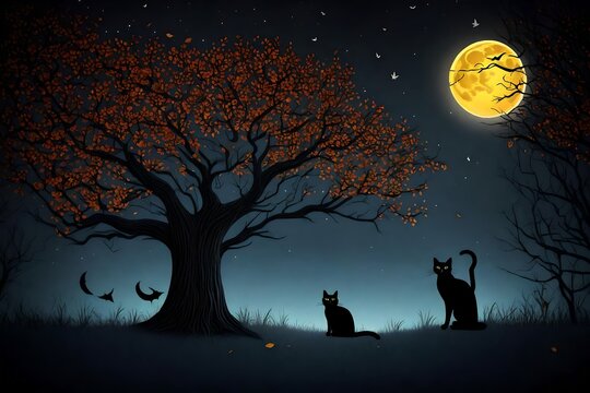 silhouette of cats and tree with halloween night background