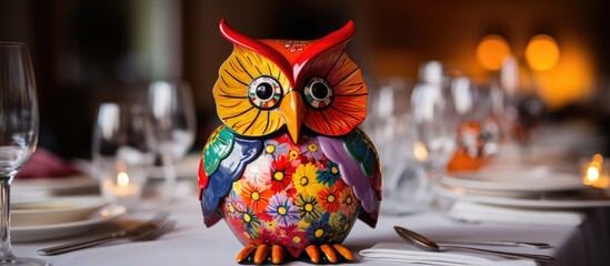 Colorful stuffed owl attends family dinner in Fredrikstad, Norway on a summer evening in July. - obrazy, fototapety, plakaty