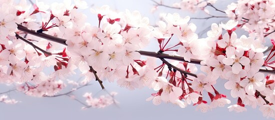 The background pattern features a beautiful cherry blossom design, with cherry tree branches adorned with delicate white flowers, creating a captivating white flowers background.