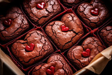 Chocolate Valentines day brownies topped with red heart shaped sprinkles. - obrazy, fototapety, plakaty