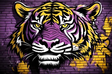 Graffiti background on a brick wall, black, yellow, purple, Tiger