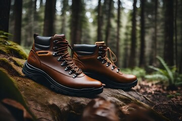 Hiking boot in forest. Brown waterproof leather ankle boots - obrazy, fototapety, plakaty