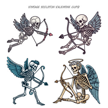 Vintage skeleton cupid valentine Skeleton cupid mascot with angel wings, bow and cupid arrow. Good for greeting carts, banners, stickers, t-shirts and posters.
