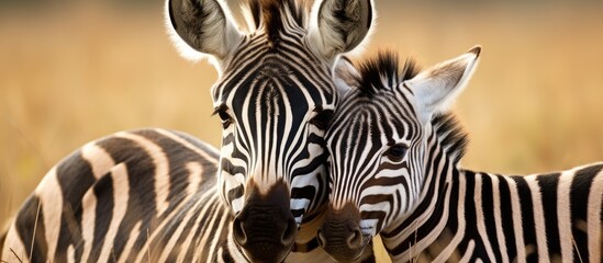 Baby zebra affectionately cuddling its mother to demonstrate their caring nature.