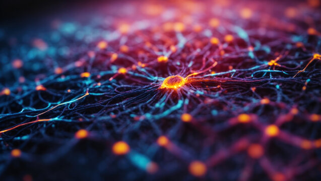 Artificial intelligence or nerve cell concept background. Macro shot of synapses, electrical signals between neurons of brain