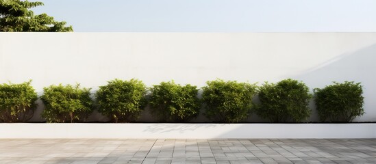 Green hedges surround a white brick wall and there is a concrete pathway