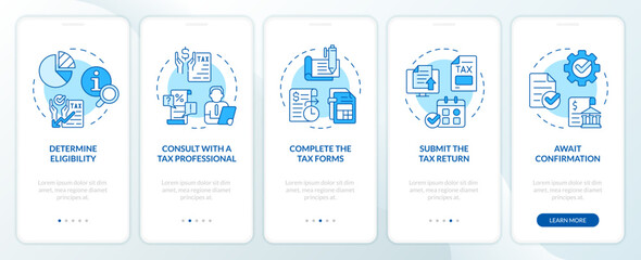 Apply for tax credits blue onboarding mobile app screen. Tax policy walkthrough 5 steps editable graphic instructions with linear concepts. UI, UX, GUI template. Myriad Pro-Bold, Regular fonts used - obrazy, fototapety, plakaty