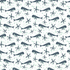 Seamless pattern with sea animals. Blue whale in the ocean among starfish on a white background. Vector illustration. Design for children s dough, packaging, wallpaper