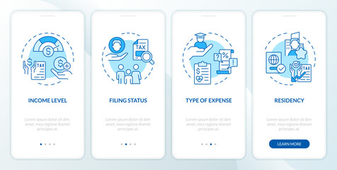 Criteria for taxpayers blue onboarding mobile app screen. Tax policy walkthrough 4 steps editable graphic instructions with linear concepts. UI, UX, GUI template. Myriad Pro-Bold, Regular fonts used