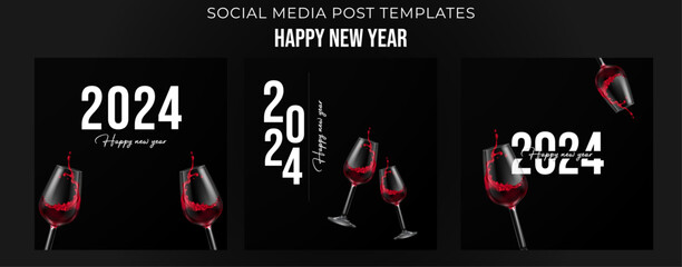 Happy New Year 2024 Greeting card. New Year 2024 Post with Luxury Red Wine Glass and Premium Design.