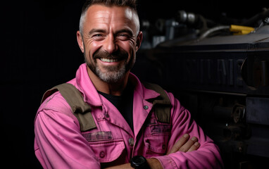 Happy smiling Mechanic with suit in the color background