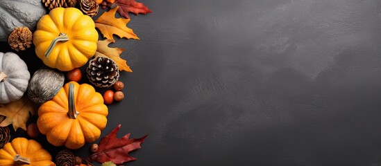 Autumn-themed banner with pine cones, pumpkins, and pumpkin latte on a dark grey stone surface, top view, copy space. Fall, Thanksgiving web banner, cozy layout. - Powered by Adobe