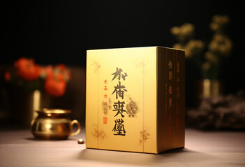 Packaging of a golden box filled with tea, in the style of Confucian ideology - obrazy, fototapety, plakaty