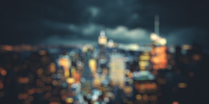 photo new york panoramatic view at night - blured interior background for your presentation, copy space
