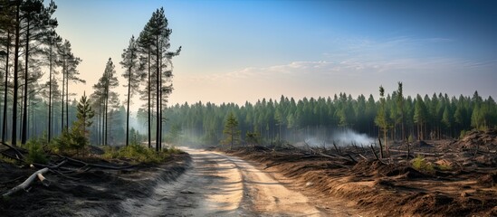 Forest regeneration after a previous fire, filled with pine and heather, and a forest road. Focus on sustainable management and environmental balance. - obrazy, fototapety, plakaty
