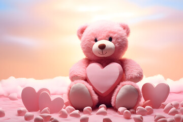 Fototapeta premium teddy bear with hearts gift, object, isolated, pink, soft, brown, stuffed, valentine, fur, red, child, sitting, fluffy, childhood