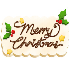 The white merry Christmas chocolate card with the dark chocolate letters and icing decorations