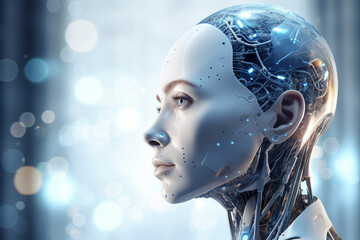The detailed side view of a  hyper realistic humanoid female robotic android with artificial human-like skin face isolated on a futuristic background. Generative AI.