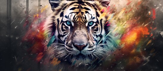 The abstract background of the beautiful nature scene complimented the black and white portrait of a cute tiger, highlighting the majestic face and captivating colors of this magnificent animal