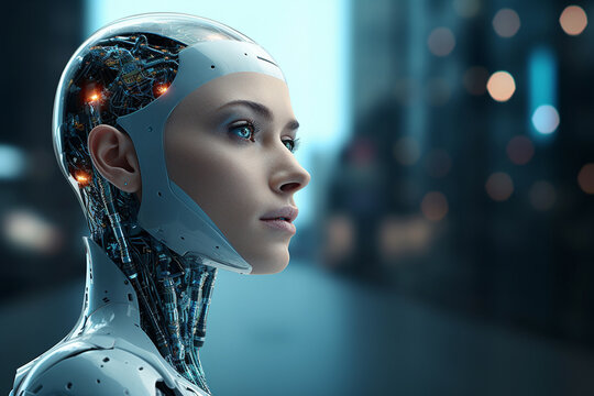 The detailed side view of a  hyper realistic humanoid female robotic android with artificial human-like skin face isolated on a futuristic background. Generative AI.